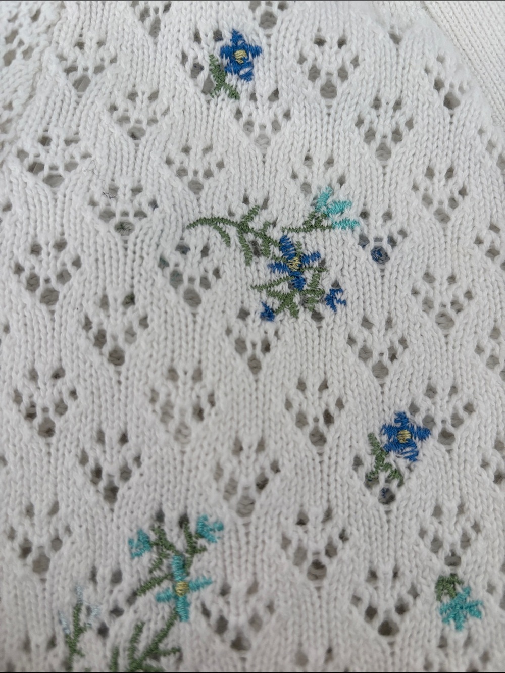 White Floral Pointelle Button-Front Cardigan with Blue & Green Accents - Picture 2 of 3